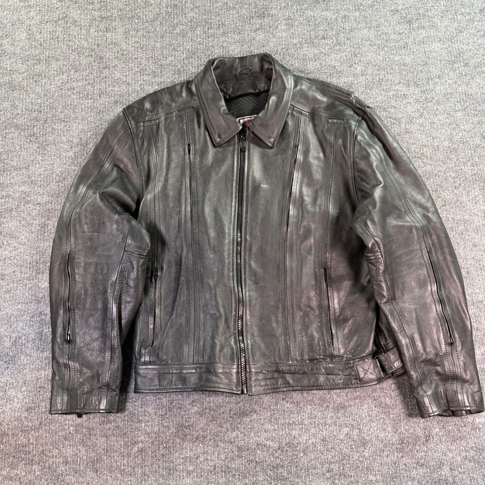 River Road Motorcycle Jacket Mens Large Black Leather Vented Biker Riding Racing